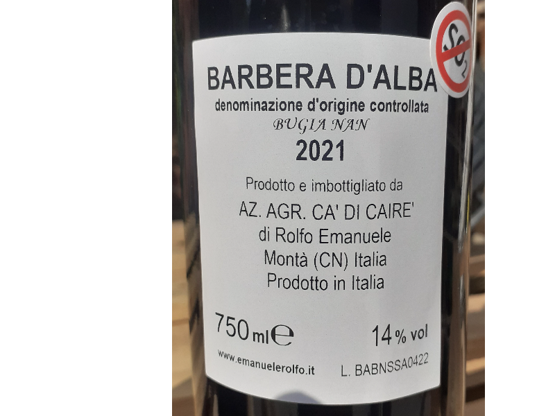 Barbera d'alba doc Bugia Nan ssa ( senza solfiti aggiunti) 2022