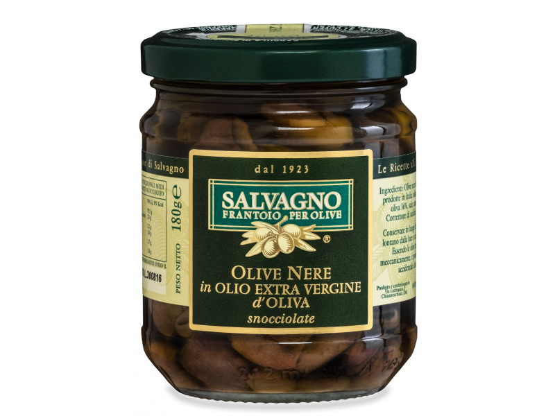 OLIVE NERE IN OLIO EXTRA VERGINE DI OLIVA SNOCCIOLATE - VASETTO GR. 180